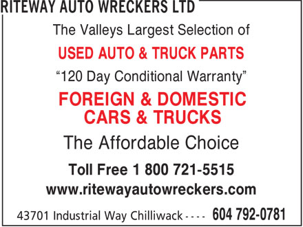 Riteway Auto Wreckers Ltd (1-800-721-5515) - Informational Ad