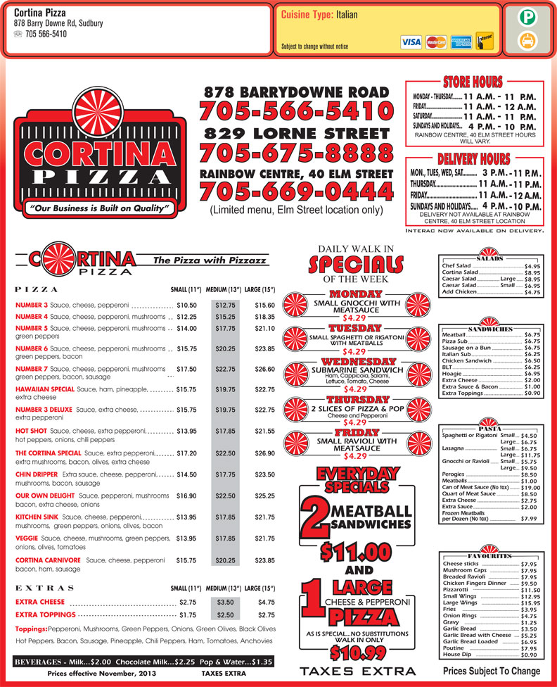 Cortina Pizza 878 Barrydowne Rd, Sudbury, ON