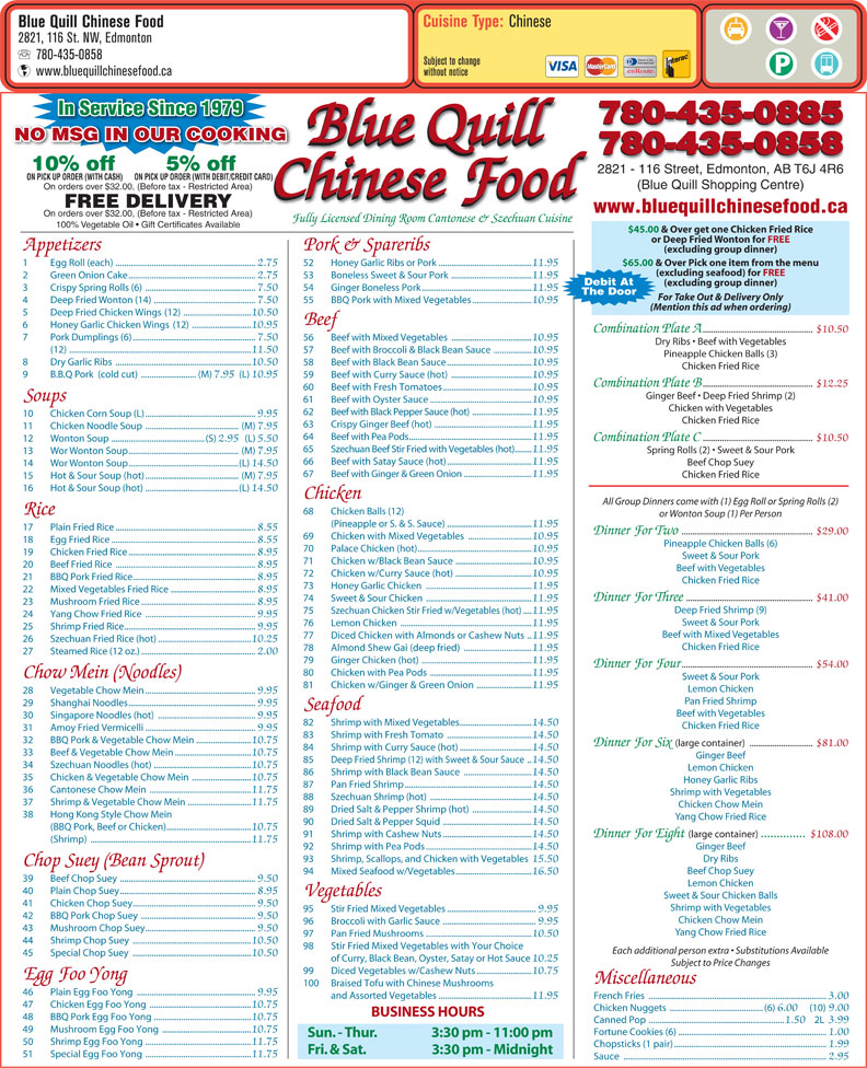 Blue Quill Chinese Food 2821 116 St NW, Edmonton, AB