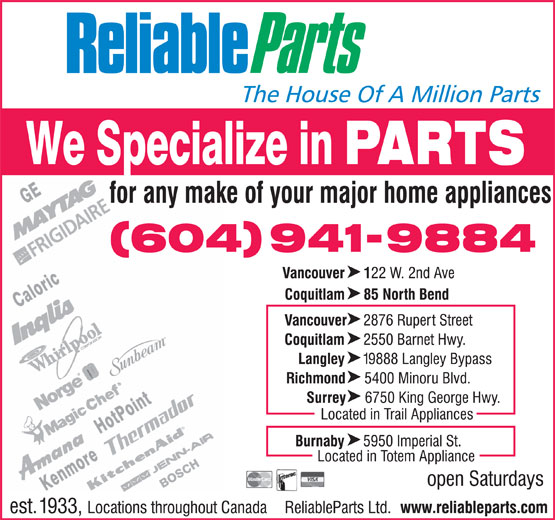 Reliable Parts Ltd Coquitlam, BC 85 North Bend St Canpages