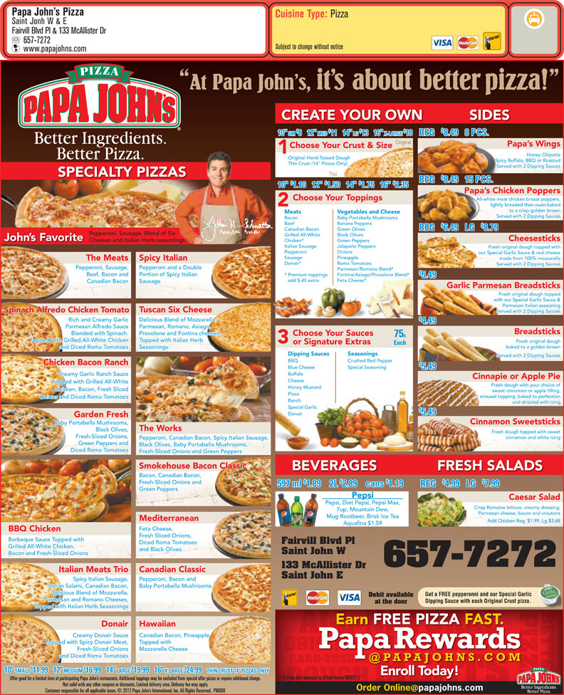 Papa John's Printable Menu