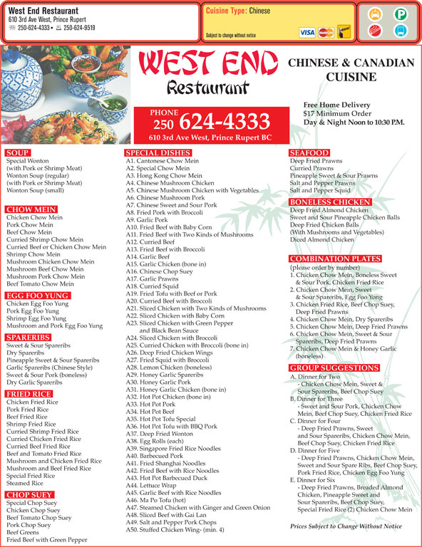 West End Restaurant (1973) Ltd Menu, Hours & Prices 610 3rd Ave W